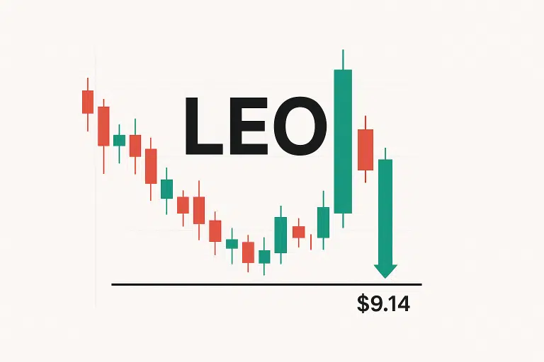 Candlestick price chart for LEO showing a downtrend into a horizontal support line at $9.14, highlighted by a bold green candlestick spike followed by a red candle and a green arrow pointing down under the large LEO label