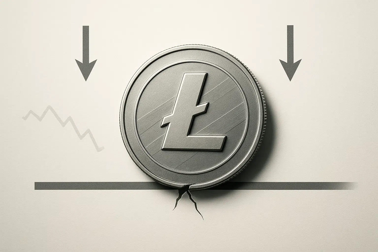 Stylized silver Litecoin coin breaking through a horizontal support line with cracks beneath it, flanked by bold downward arrows and a faint jagged price chart in the background, illustrating Litecoin’s price sliding despite SEC ETF hopes.