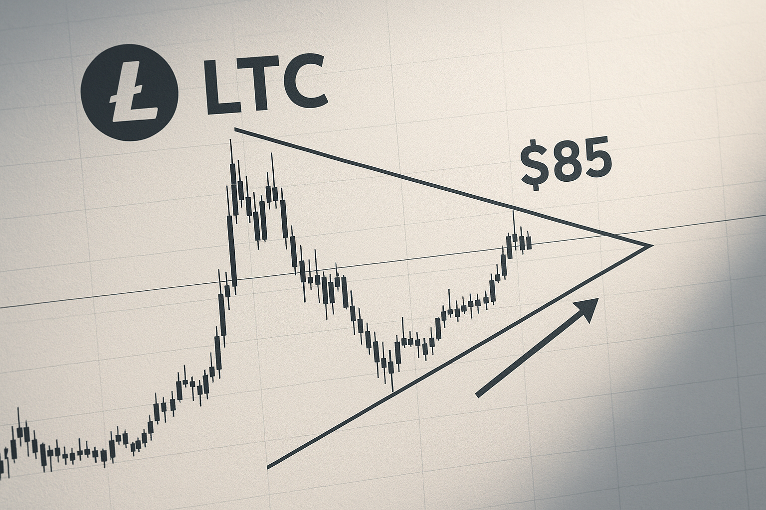 Candlestick chart showing Litecoin price stalled at $85, forming a multi-year triangle compression with converging trend lines and an upward arrow, alongside the LTC logo and $85 annotation.