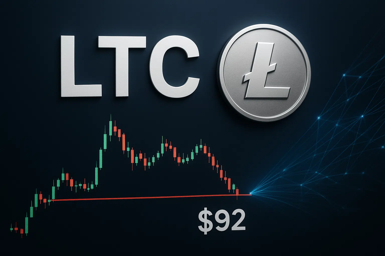 Large Litecoin “LTC” lettering and silver coin above a falling red and green candlestick chart that dips to a red support line marked $92, with a blue glowing network node pattern to the right.