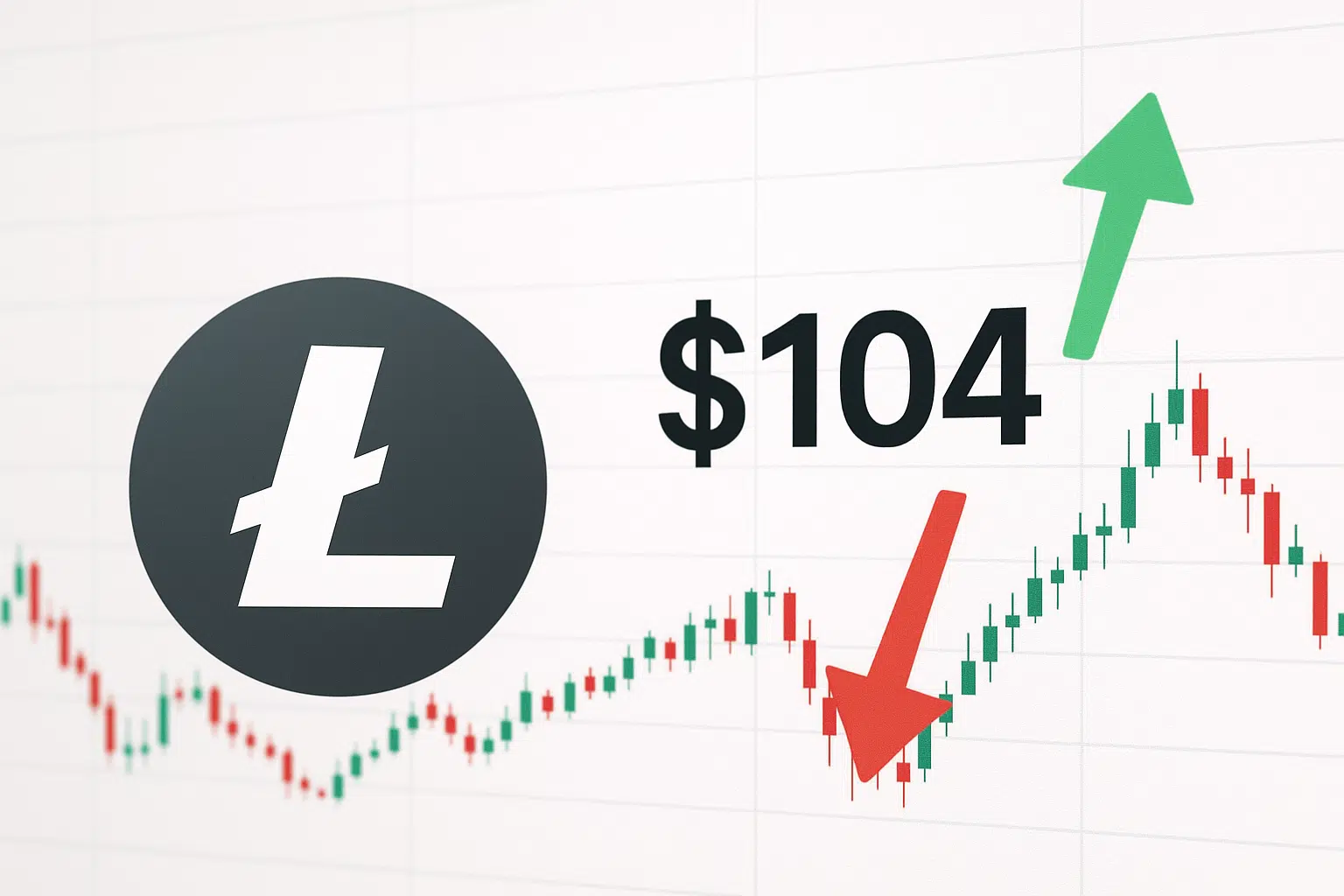 Litecoin logo and “$104” price label overlaid on a candlestick chart, with a red arrow marking a recent pullback and a green arrow indicating a potential rebound.