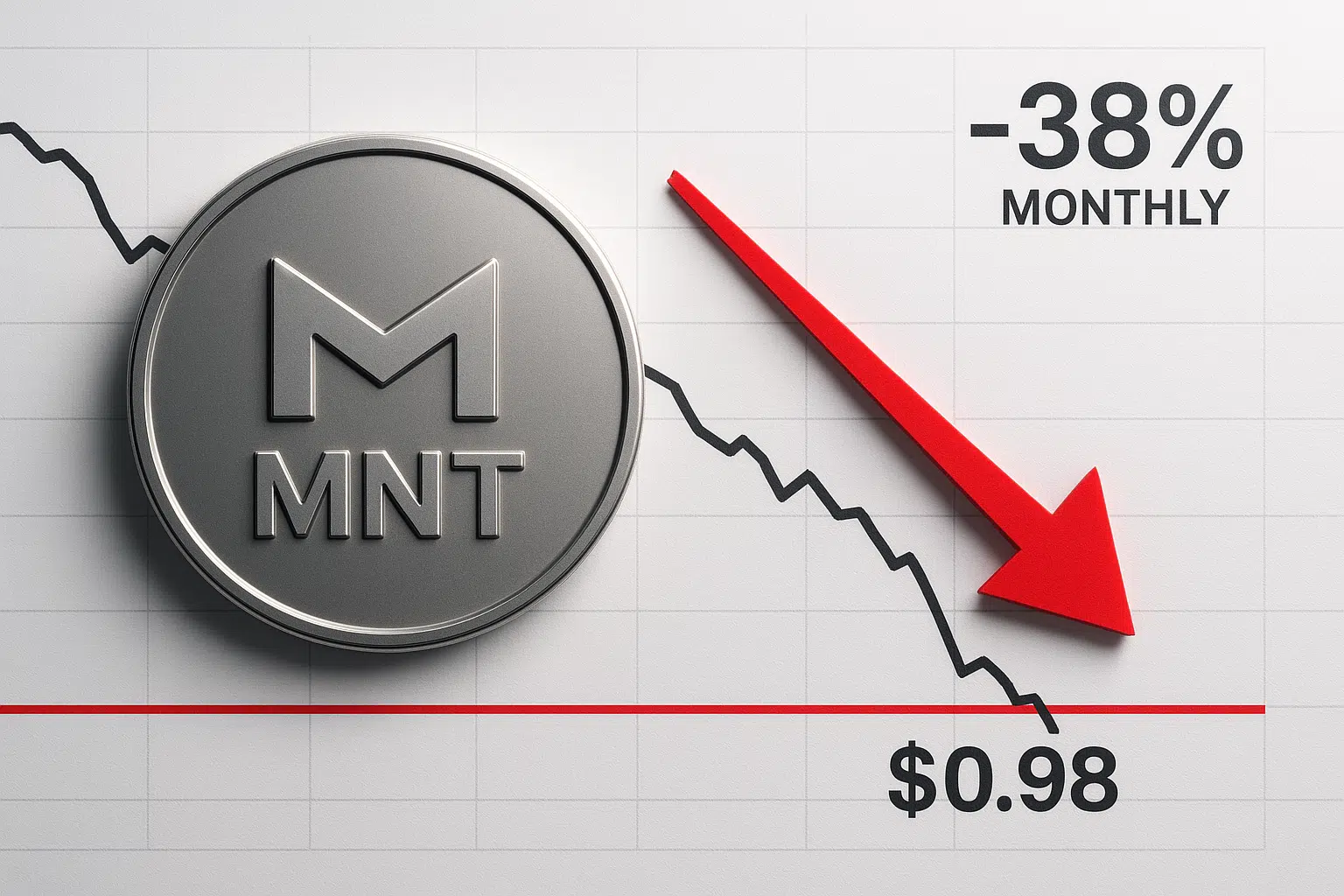 Silver Mantle (MNT) coin next to a grid background price chart with a bold red arrow pointing down, indicating a 38% monthly decline to $0.98.