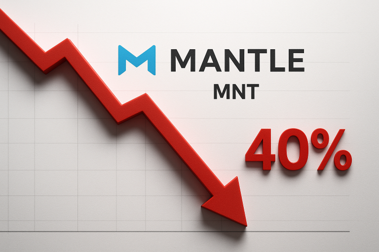 Mantle (MNT) logo above a faint grid chart with a bold red zigzag arrow sloping downward and a large “40%” indicating a 40% decline.