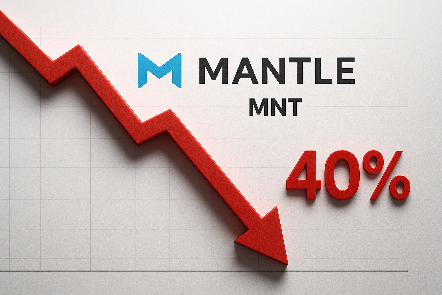 Mantle (MNT) logo above a faint grid chart with a bold red zigzag arrow sloping downward and a large “40%” indicating a 40% decline.