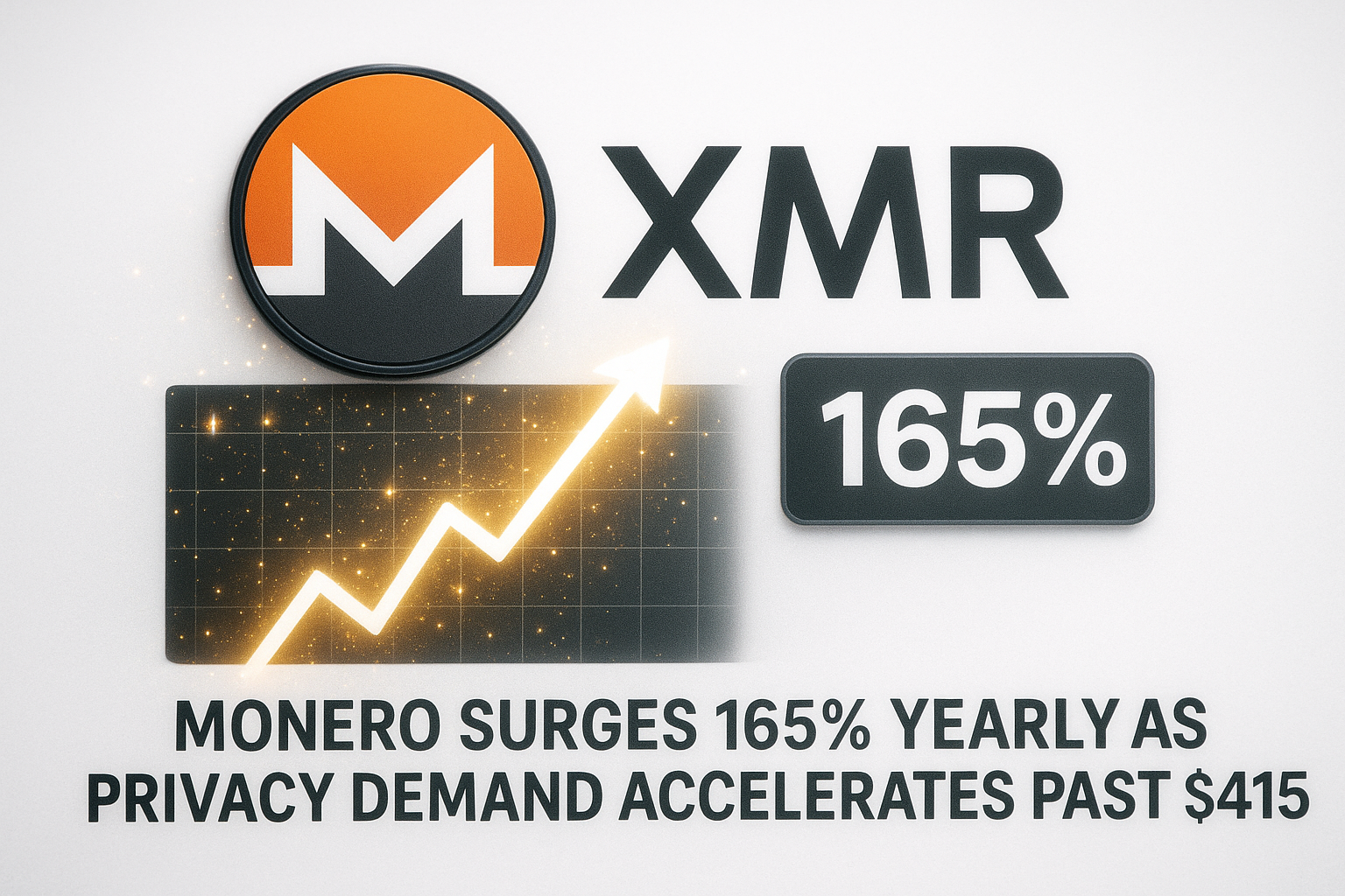 Monero (XMR) logo beside an upward-trending chart marked “165%” and text noting a 165% yearly surge as privacy demand drives its price past $415.