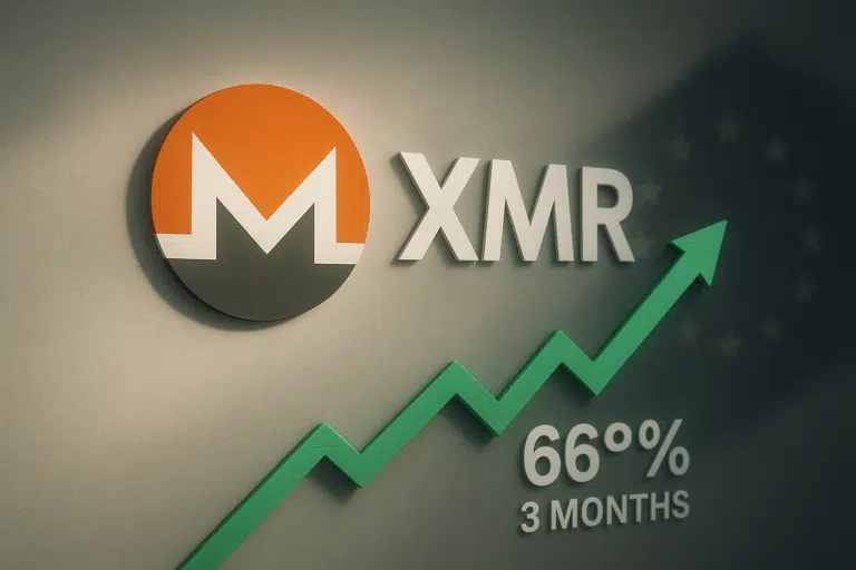 Monero XMR logo beside a green zigzag arrow pointing upward with “66% 3 months” text on a textured wall, faint EU stars in shadow in the background.
