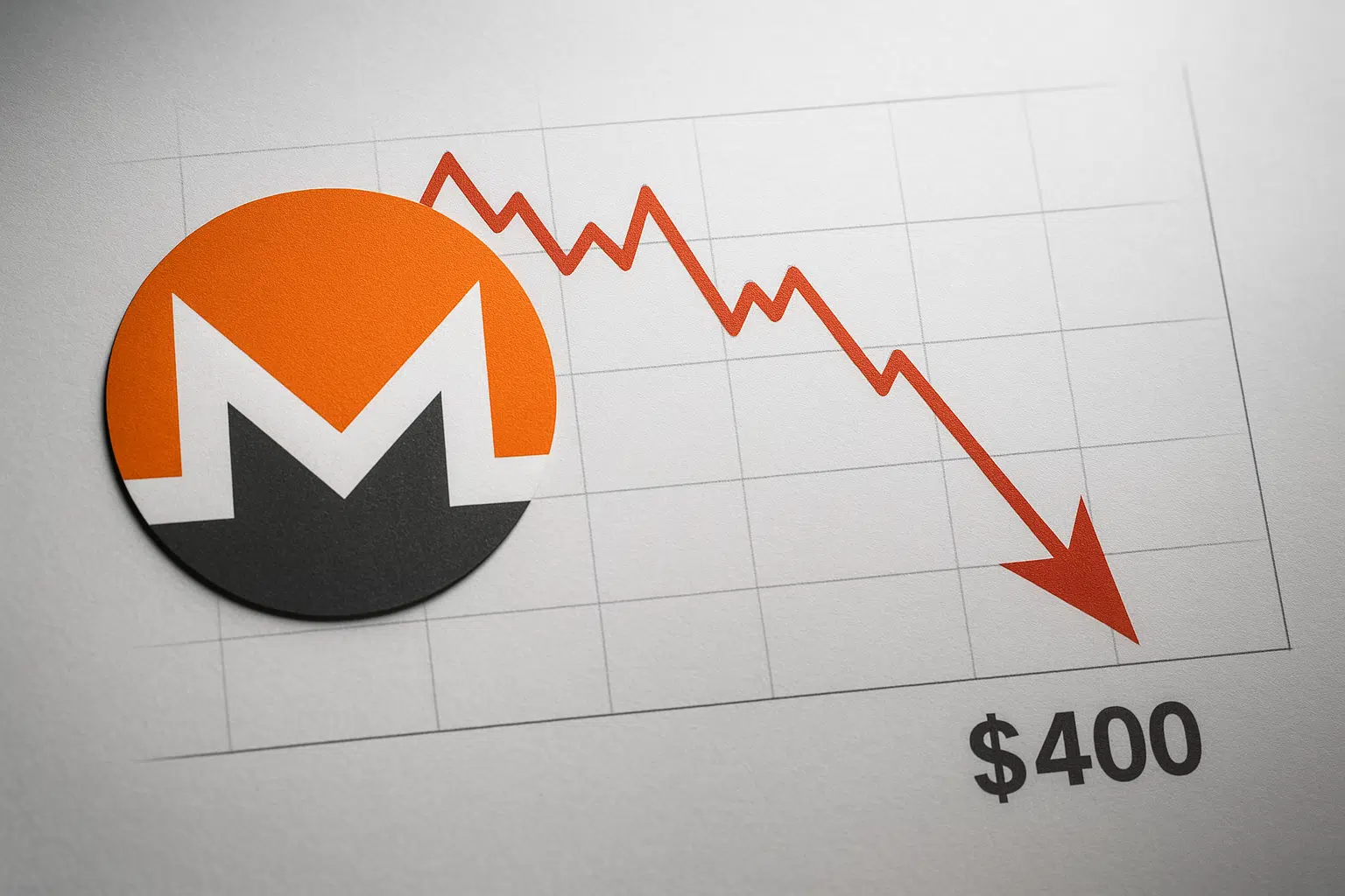 Monero cryptocurrency logo in front of a white grid chart with a red descending line and arrow pointing down toward the $400 label.