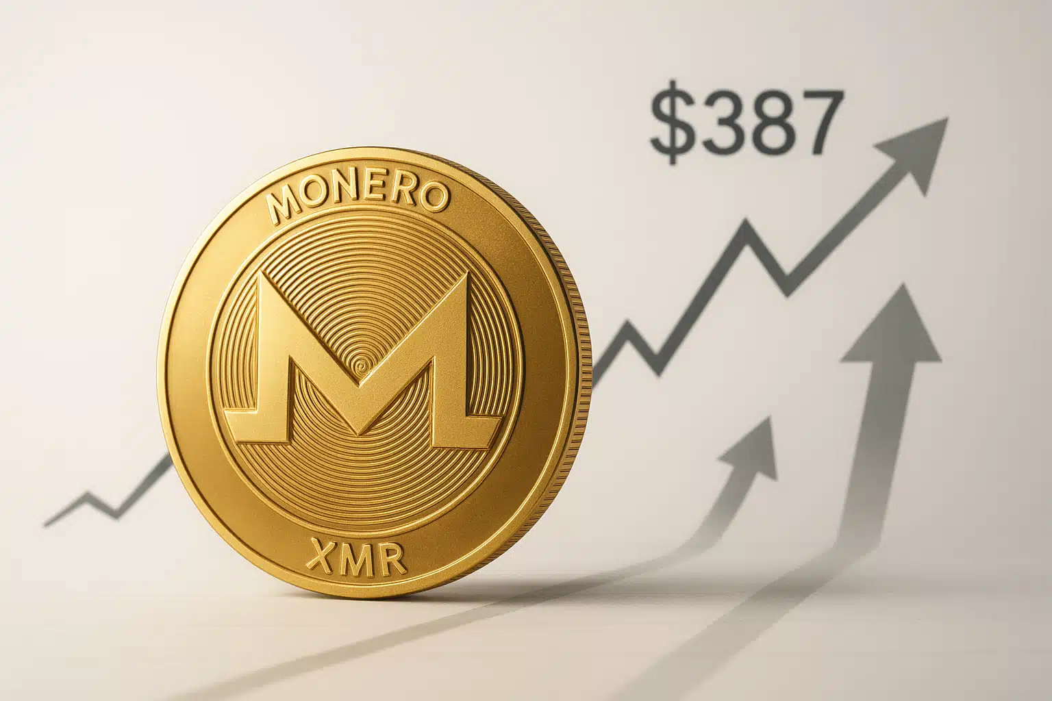 Gold Monero XMR coin in front of an upward‐trending chart with a $387 price hovering above it