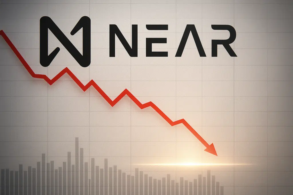 NEAR Protocol logo with a red zigzag downward arrow over a faint grid and gray volume bars, illustrating a sharp decline toward critical support levels.