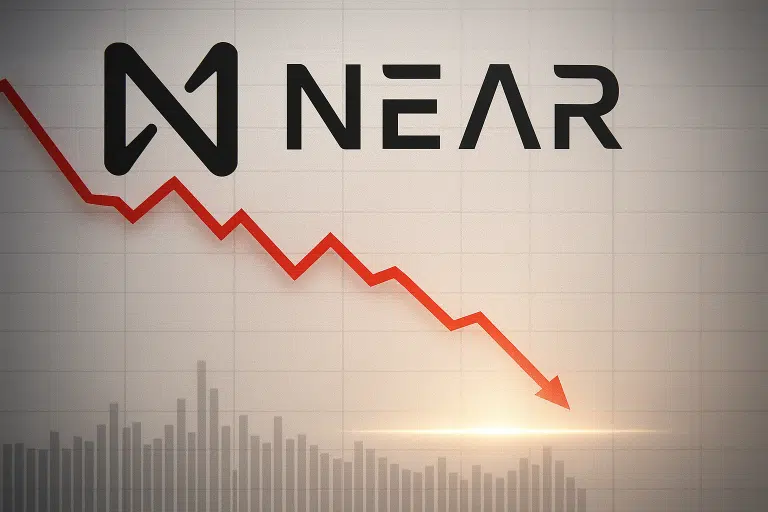 NEAR Protocol logo with a red zigzag downward arrow over a faint grid and gray volume bars, illustrating a sharp decline toward critical support levels.