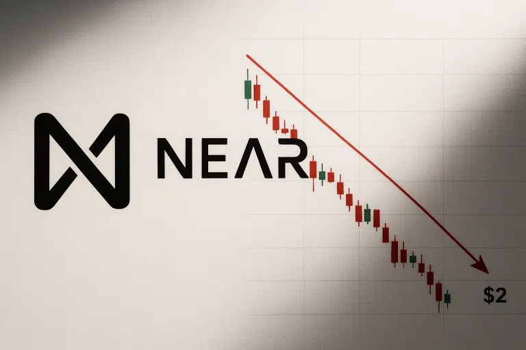 NEAR Protocol logo next to a red and green candlestick chart sloping downward under a red trend line and arrow pointing to $2.
