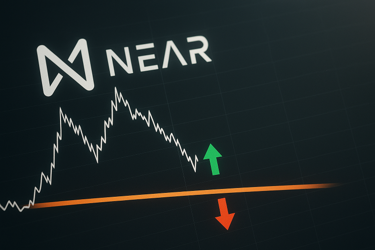 Logo of NEAR Protocol above a dark price chart showing a white zigzag line approaching an orange support level, with a green upward arrow above and a red downward arrow below indicating a make-or-break support test