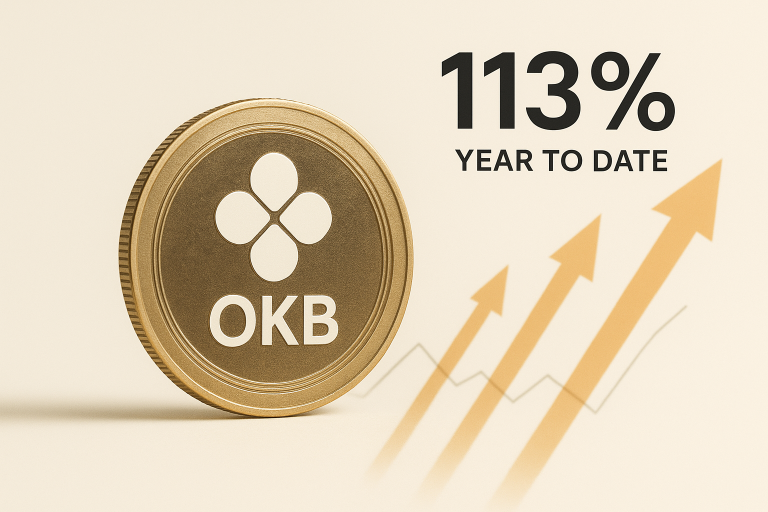 Gold-colored OKB token featuring a four-petal logo beside bold “113% Year to Date” text and ascending orange arrows illustrating the token’s Q3 surge.