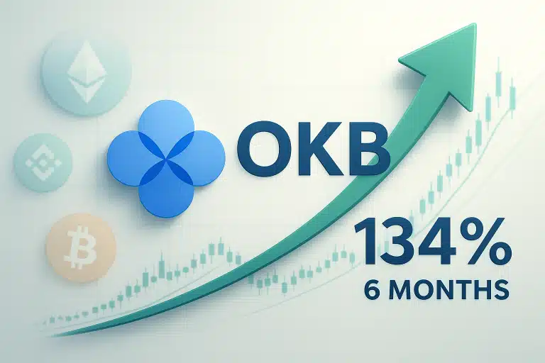 OKB token logo alongside a large green arrow pointing upward and “134% 6 months” text over a rising candlestick chart backdrop, with faint Bitcoin, Ethereum and Binance icons in the background
