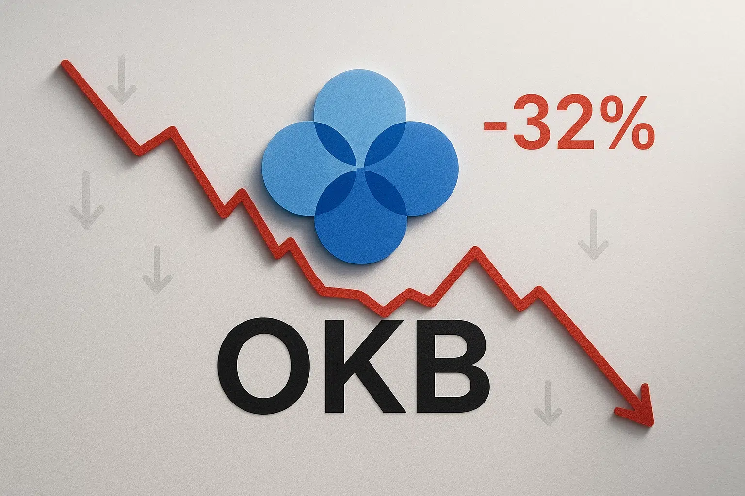 OKB logo above a red downward‐trending zigzag arrow with gray down arrows in the background and a large “-32%” text indicating a price tumble.