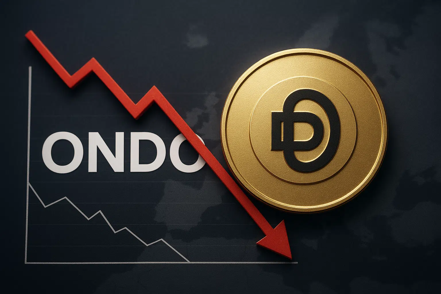 Golden Ondo cryptocurrency coin beside the word ONDO on a dark background, with a jagged red arrow plummeting over a declining line chart to illustrate a steep 52% crash.