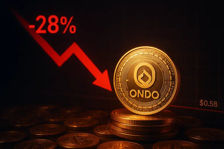 A gold ONDO coin in front of a dark trading chart with a red downward arrow marking –28% and the price at $0.58.