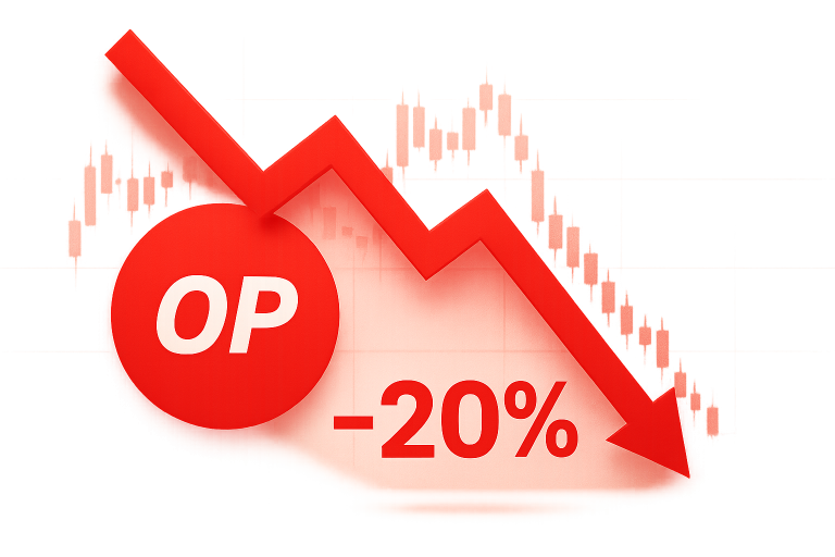 Red circle labeled “OP” with a bold red zigzag arrow plunging downward toward a large “-20%” against a faint candlestick chart background.