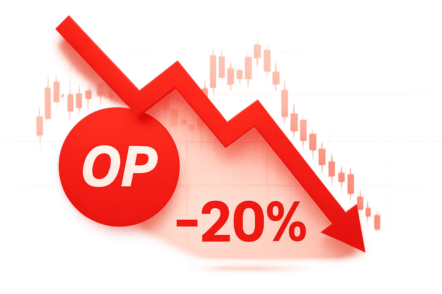 Red circle labeled “OP” with a bold red zigzag arrow plunging downward toward a large “-20%” against a faint candlestick chart background.