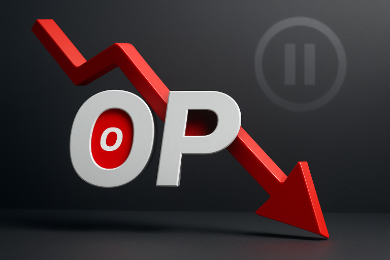 Three-dimensional white letters “OP” with a red zero inside the O, intersected by a jagged red arrow pointing sharply downward on a dark background.