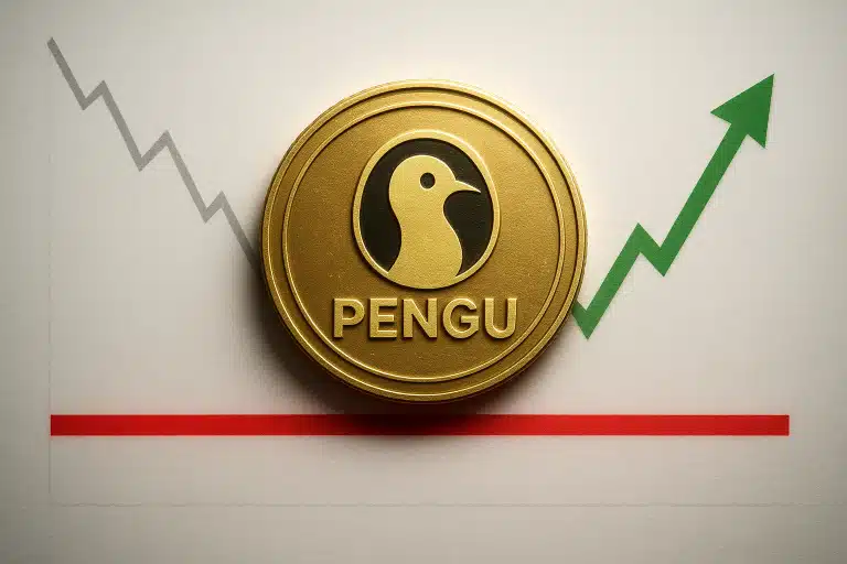 Golden PENGU coin with penguin logo placed over a chart showing a steep grey decline to a red support line, then a green arrow signaling a rebound.