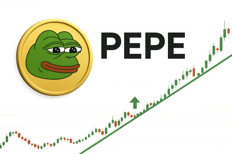 Gold Pepe coin and bold “PEPE” text alongside a rising green candlestick chart tracing an ascending support line with an upward arrow.