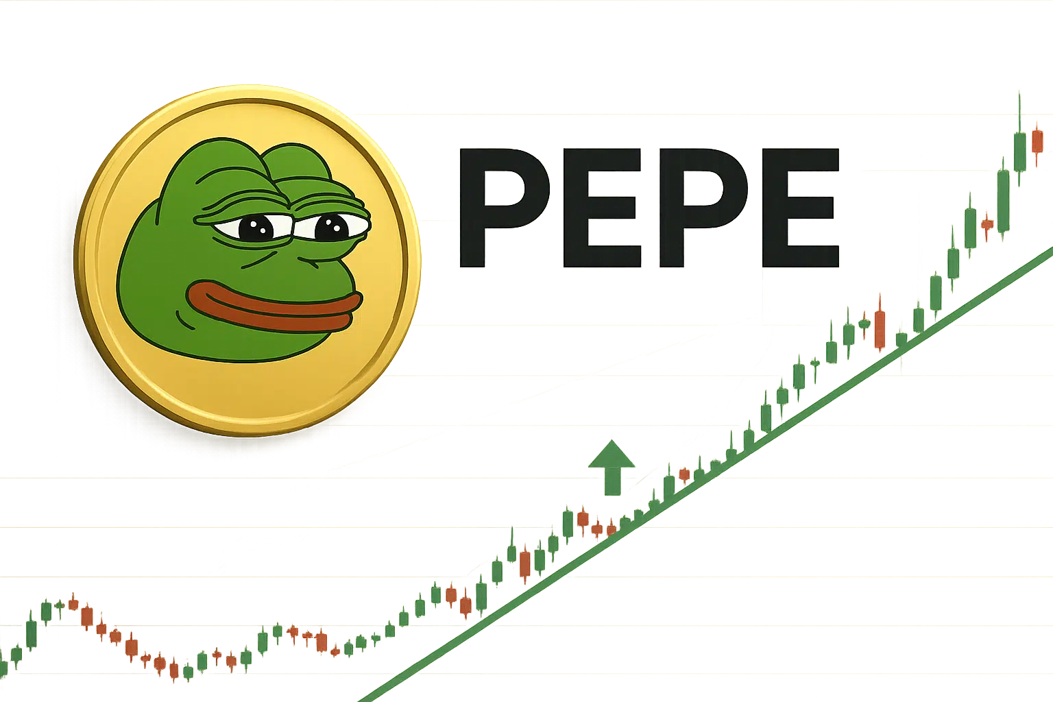 Gold Pepe coin and bold “PEPE” text alongside a rising green candlestick chart tracing an ascending support line with an upward arrow.