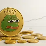 A large gold coin embossed with the Pepe frog face and the word PEPE, surrounded by smaller gold coins, set against a faint rising line chart in the background.