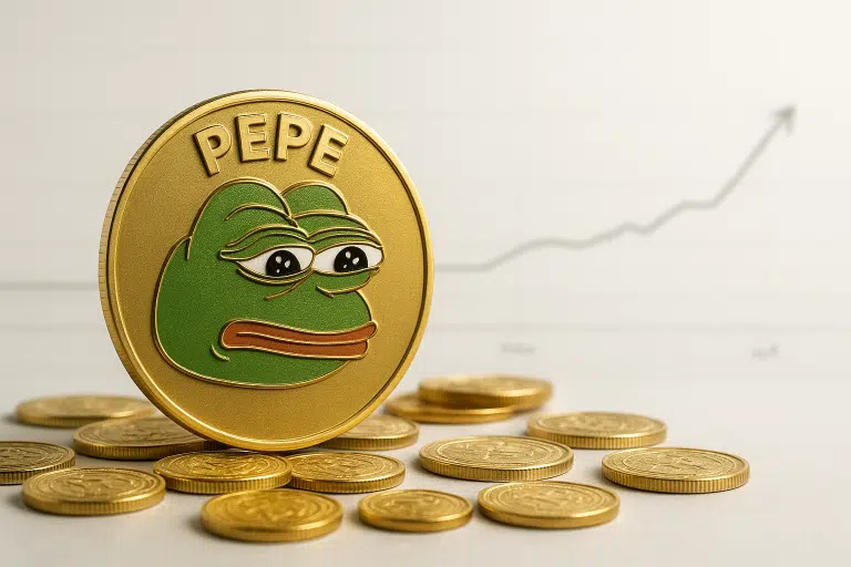 A large gold coin embossed with the Pepe frog face and the word PEPE, surrounded by smaller gold coins, set against a faint rising line chart in the background.