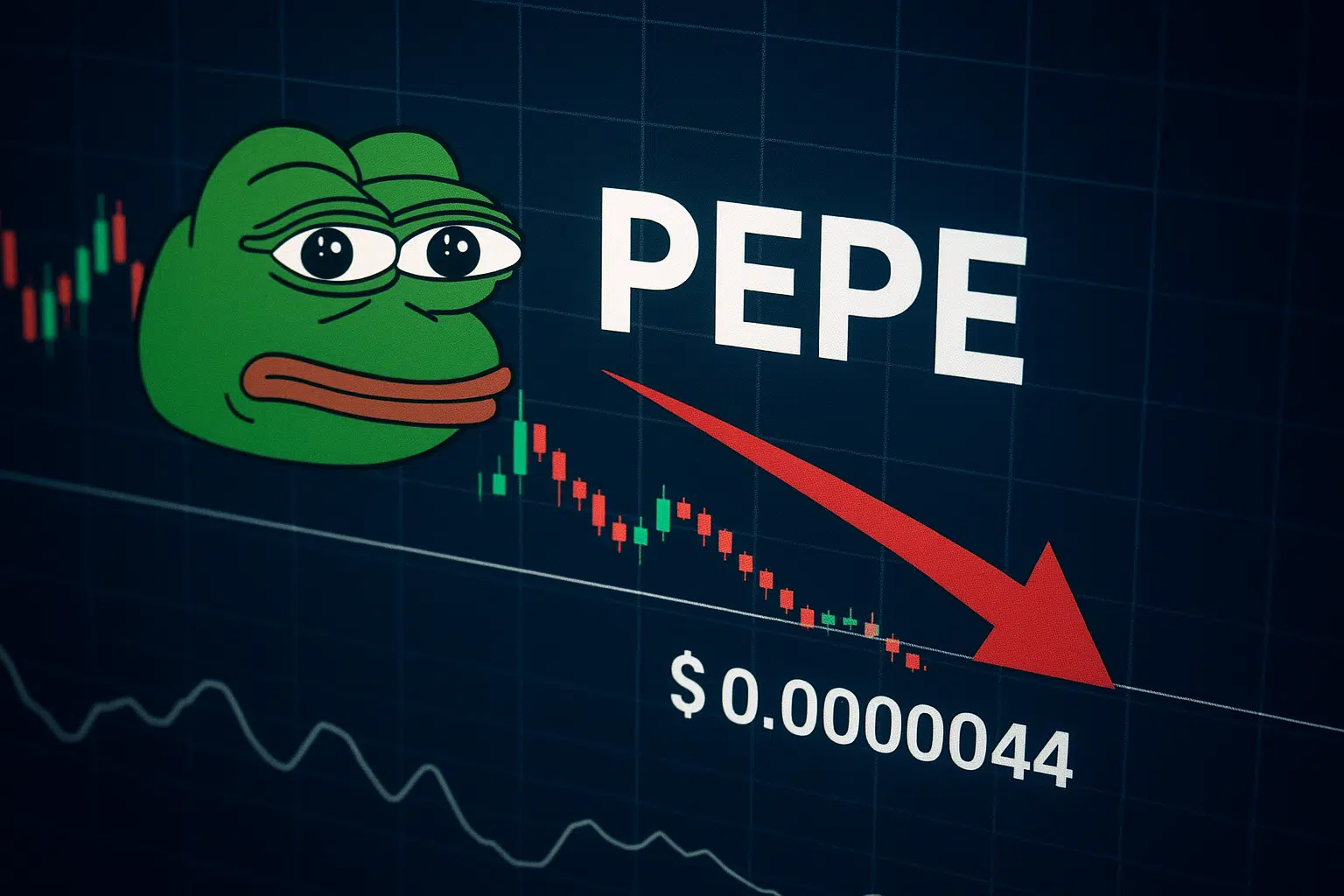 Crypto price chart displaying PEPE token’s sharp decline toward the $0.0000044 support level with a downward red arrow, Pepe the Frog illustration, and oversold momentum indicator at the bottom.