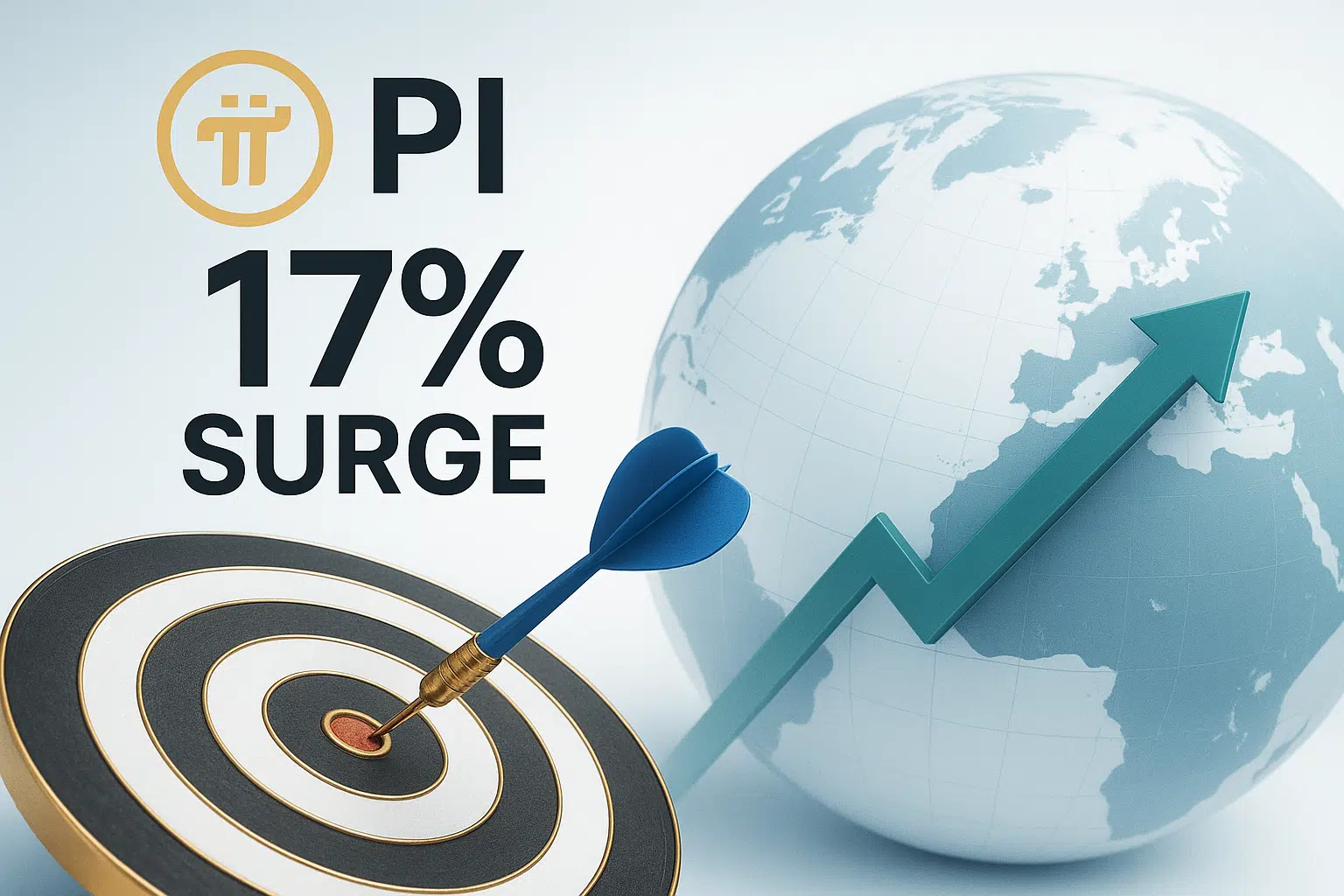 Pi Network logo and “17% surge” headline alongside a dart hitting a bullseye and a globe with an upward‐pointing arrow indicating European market growth