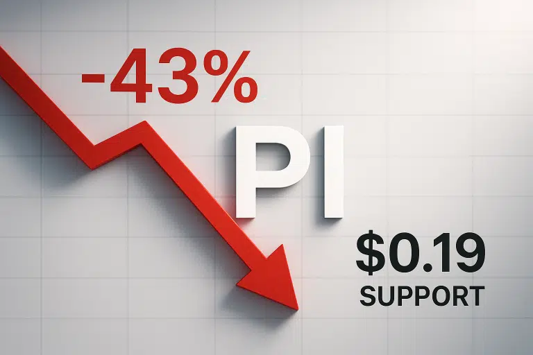 Red downward arrow chart showing a 43% drop, large white “PI” letters, and “$0.19 Support” text on a light grid background.
