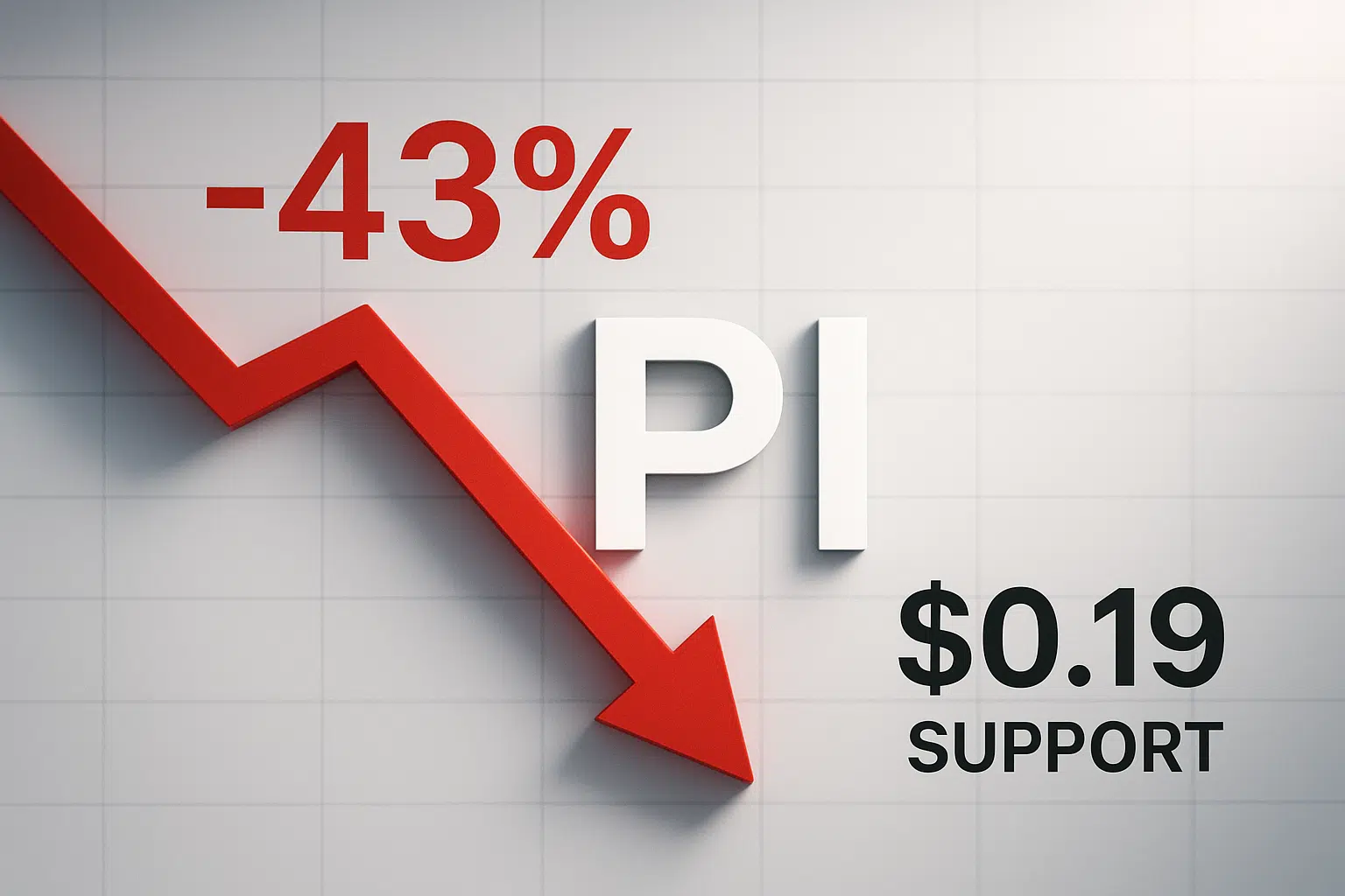 Red downward arrow chart showing a 43% drop, large white “PI” letters, and “$0.19 Support” text on a light grid background.