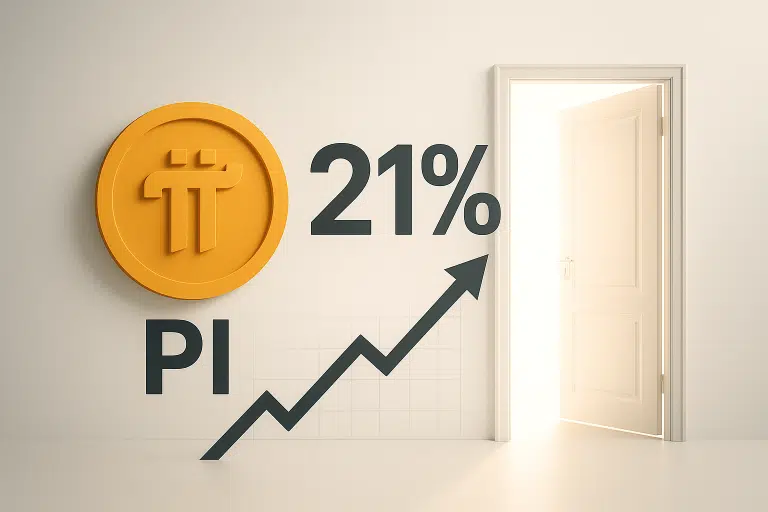 Orange Pi Network coin and bold “21%” with an ascending arrow pointing to a glowing open door, illustrating the network’s 21% surge and doors opening to exchanges after an EU regulatory breakthrough.