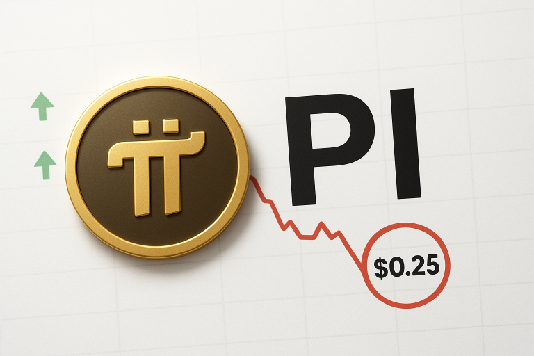 Golden Pi Network coin beside bold “PI” text over a red descending price line dipping to a circled $0.25 support level, with green upward arrows suggesting accumulation.