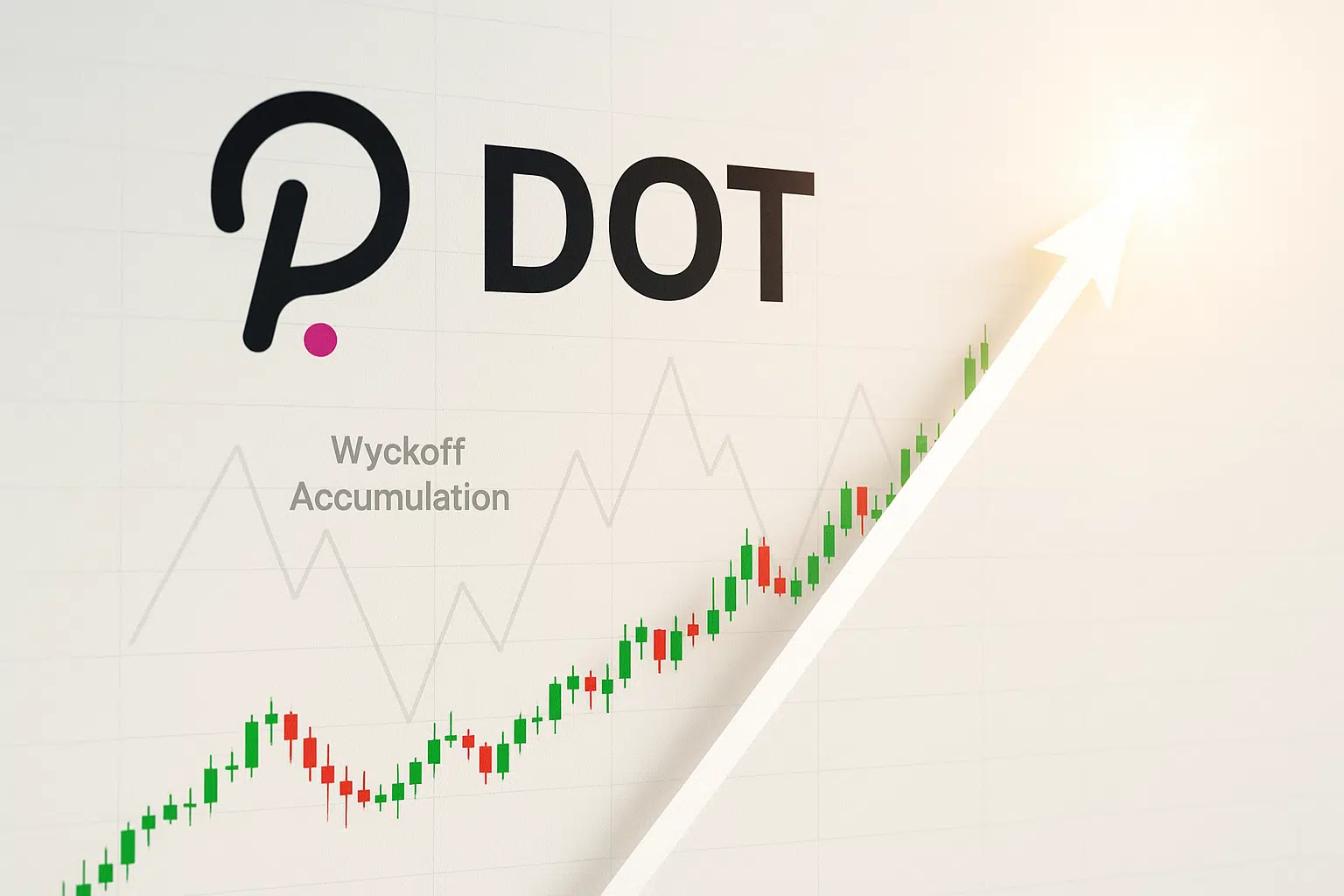 Polkadot logo and “DOT” label beside a candlestick chart illustrating a Wyckoff accumulation pattern that breaks out into a steep bullish uptrend, emphasized by a bold white arrow pointing upward.