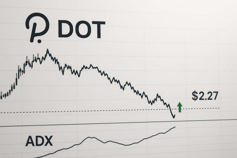 Polkadot logo above a descending price chart testing a $2.27 support level marked by a dashed line and green arrow, with the ADX momentum indicator rising above 35 below.