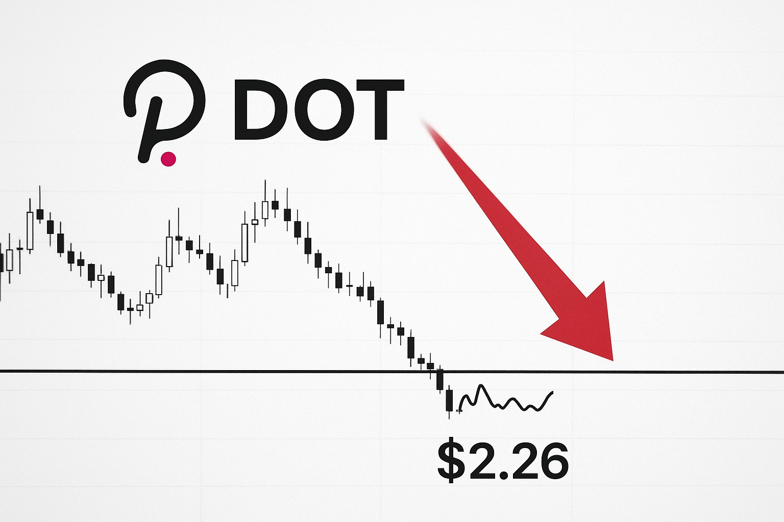 Polkadot logo above a downtrending candlestick chart approaching a thick horizontal $2.26 support line, with a large red arrow highlighting a spring-like consolidation pattern at the support.
