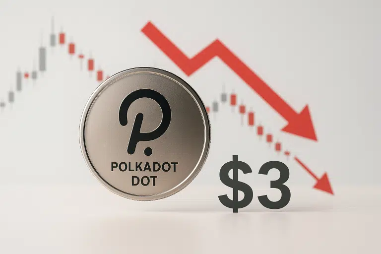 Polkadot coin in front of a red downward arrow and a falling candlestick chart, with a “$3” label indicating the token tumbling to multi-year lows.