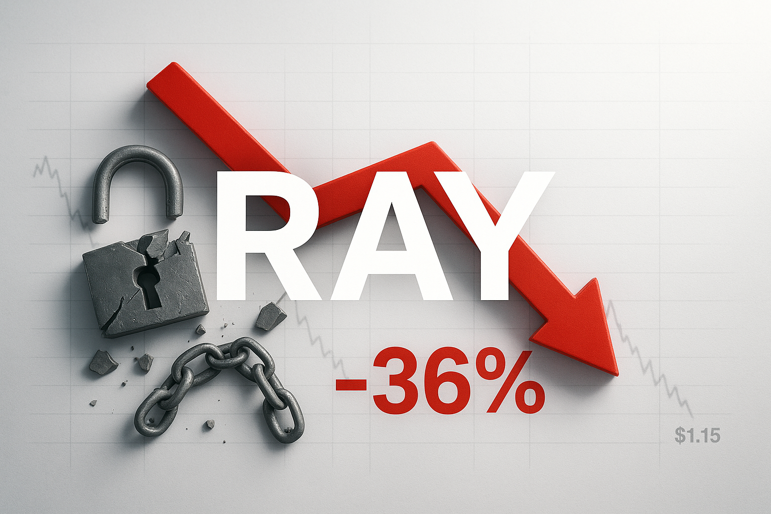 The word RAY overlaid on a red downward arrow pointing to “-36%,” with a cracked padlock and broken chain in front of a faint price chart dipping below $1.15.