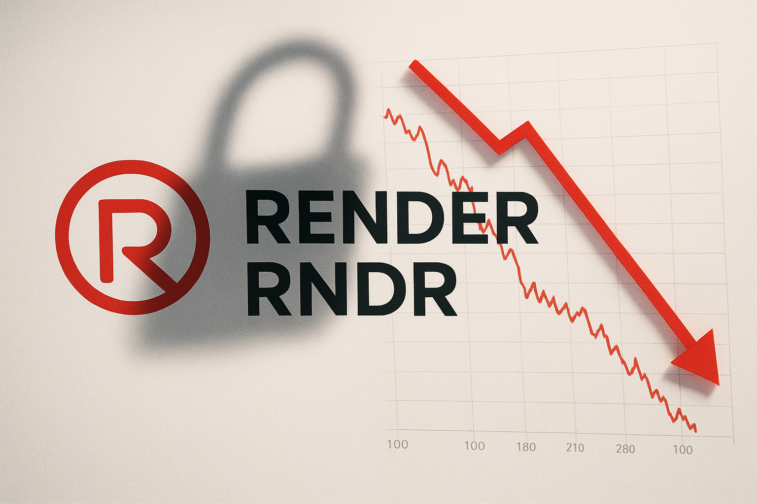 Render Token logo and name beside a red descending price chart with a large downward arrow and a padlock shadow indicating a security breach.
