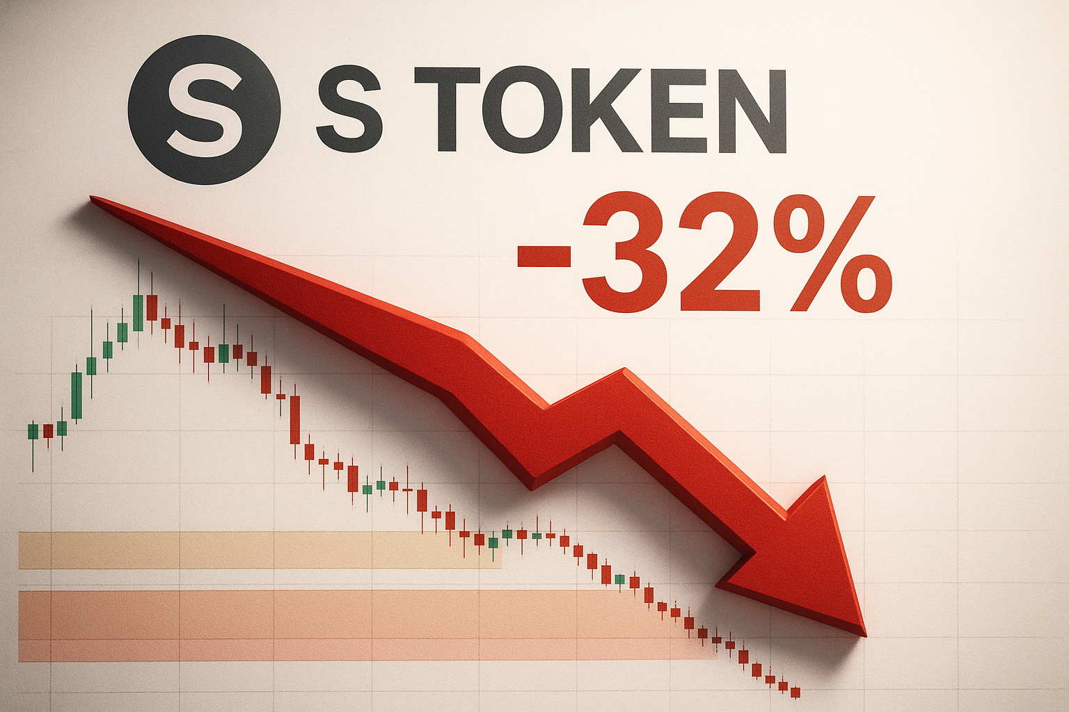 Illustration of S Token’s 32% plunge, showing a bold red downward arrow over a sloping candlestick chart with highlighted support zones.