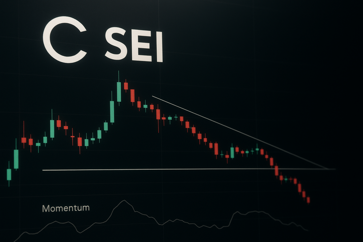 Chart of SEI stock showing green and red candlesticks forming a descending triangle pattern, testing a critical horizontal support line and downward trendline, with the momentum indicator at the bottom nearing four-month lows.