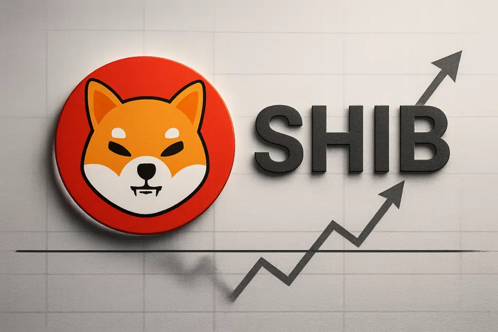 Shiba Inu cryptocurrency logo alongside bold “SHIB” text on a grid background, featuring a horizontal support line and a zigzag arrow trending upward to indicate price movement