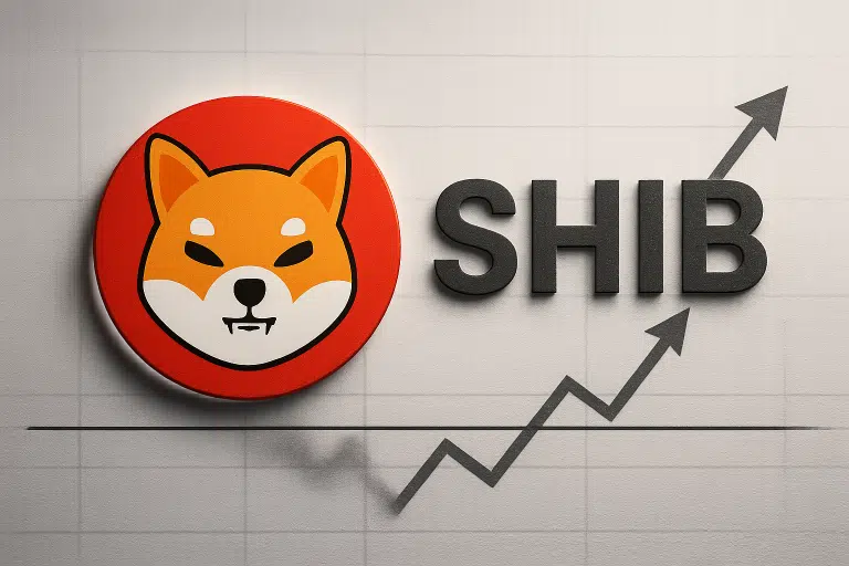 Shiba Inu cryptocurrency logo alongside bold “SHIB” text on a grid background, featuring a horizontal support line and a zigzag arrow trending upward to indicate price movement