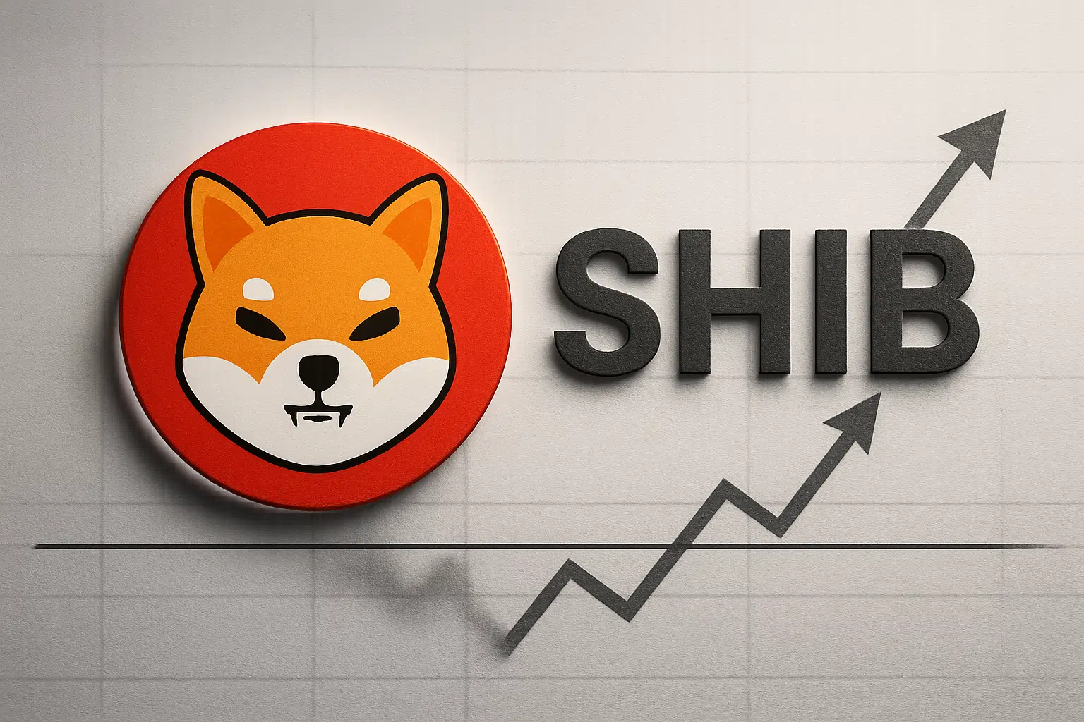 Shiba Inu cryptocurrency logo alongside bold “SHIB” text on a grid background, featuring a horizontal support line and a zigzag arrow trending upward to indicate price movement