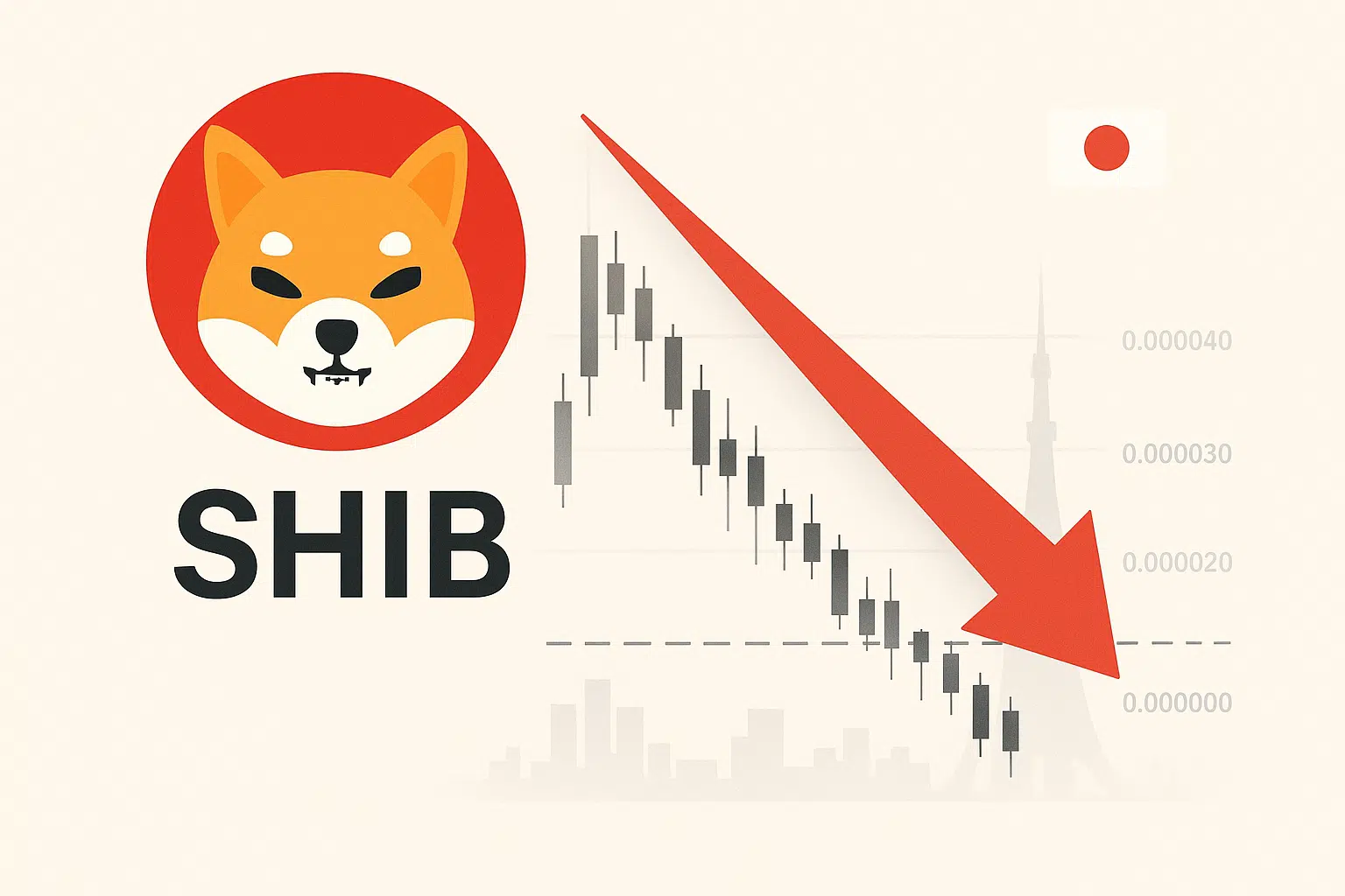 Shiba Inu crypto logo beside a candlestick chart breaking sharply below support with a bold red downward arrow, overlaid on a faint Japanese flag and Tokyo skyline.