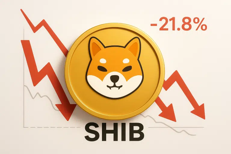 Gold Shiba Inu cryptocurrency coin with its stylized dog face in front of red descending arrows and chart lines, with –21.8% displayed to indicate a monthly decline