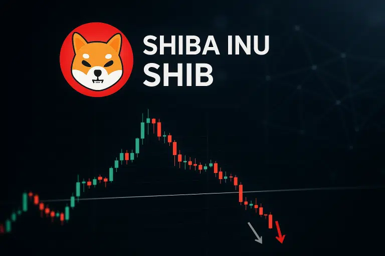 Shiba Inu logo atop a cryptocurrency candlestick chart showing a sharp rise followed by a steep red decline toward a drawn support line, symbolizing SHIB testing critical support levels as its real-world utility expands through a Unity partnership.