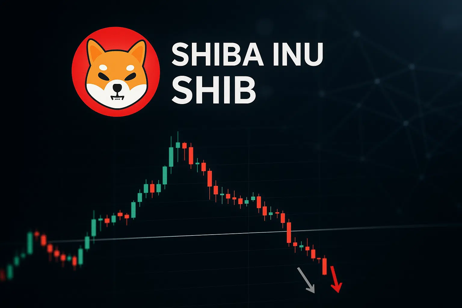 Shiba Inu logo atop a cryptocurrency candlestick chart showing a sharp rise followed by a steep red decline toward a drawn support line, symbolizing SHIB testing critical support levels as its real-world utility expands through a Unity partnership.